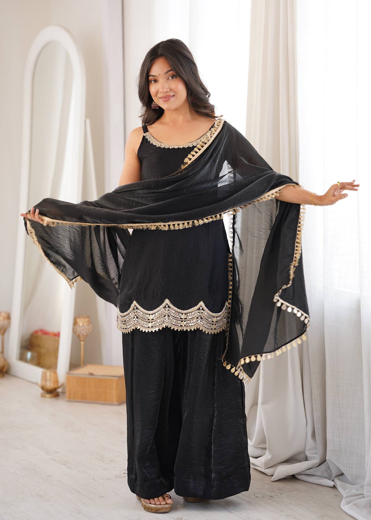 Fendy Silk Mirror Work Sharara Palazzo Suit Set
