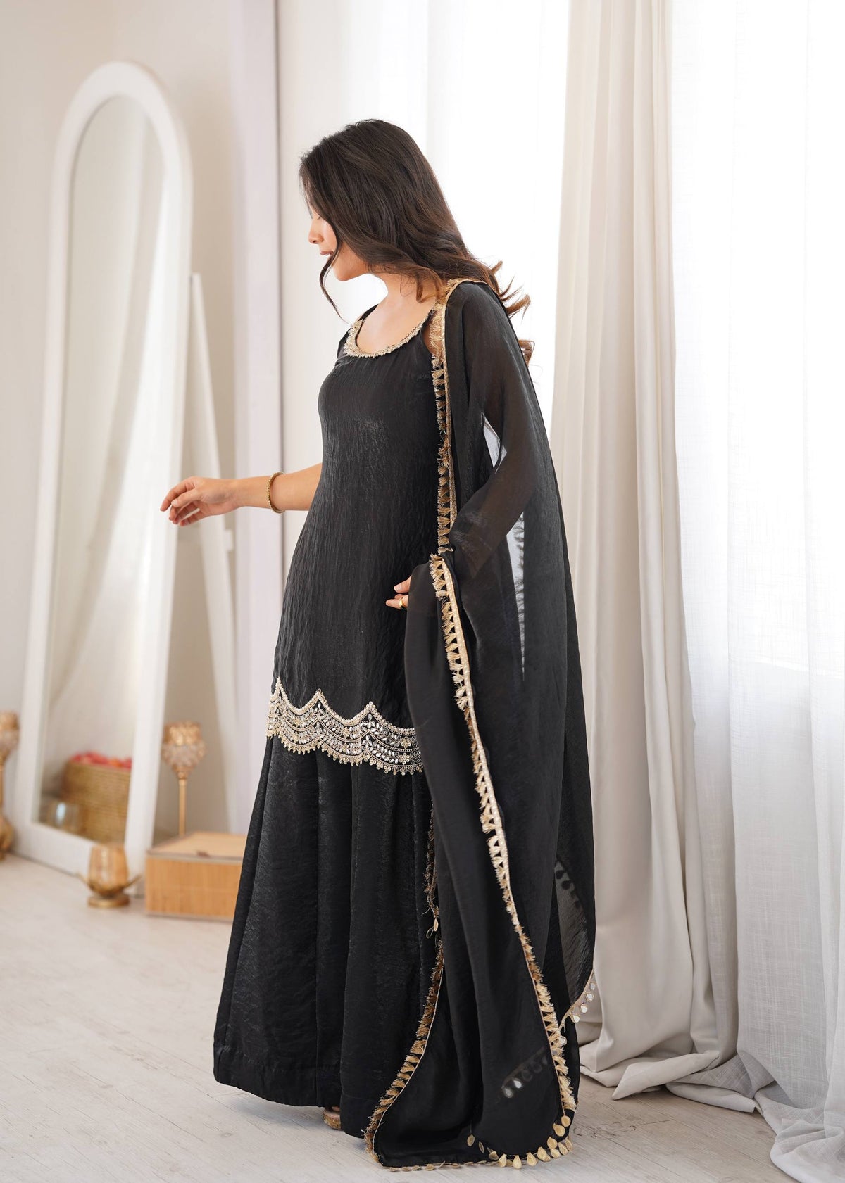 Fendy Silk Mirror Work Sharara Palazzo Suit Set