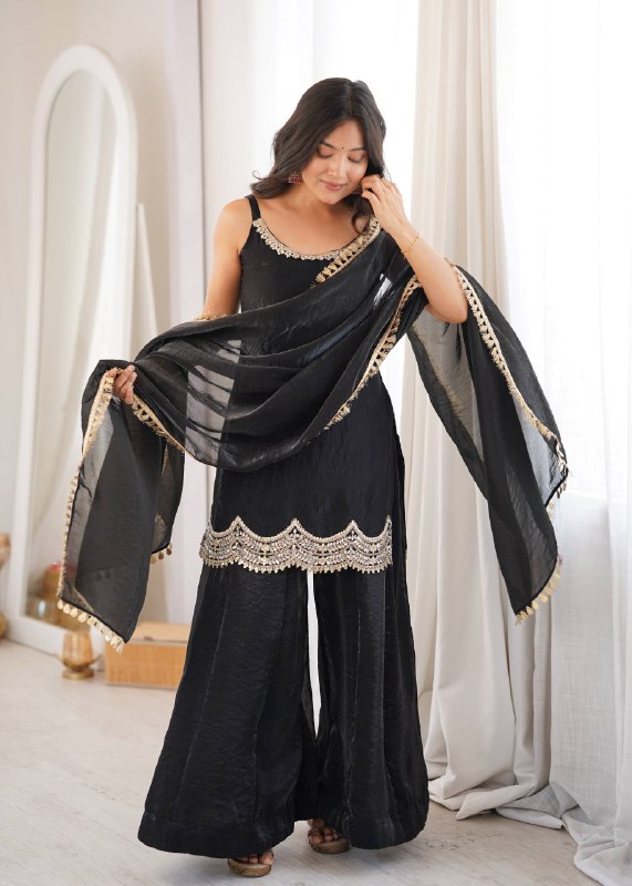 Fendy Silk Mirror Work Sharara Palazzo Suit Set