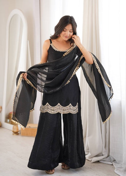Fendy Silk Mirror Work Sharara Palazzo Suit Set