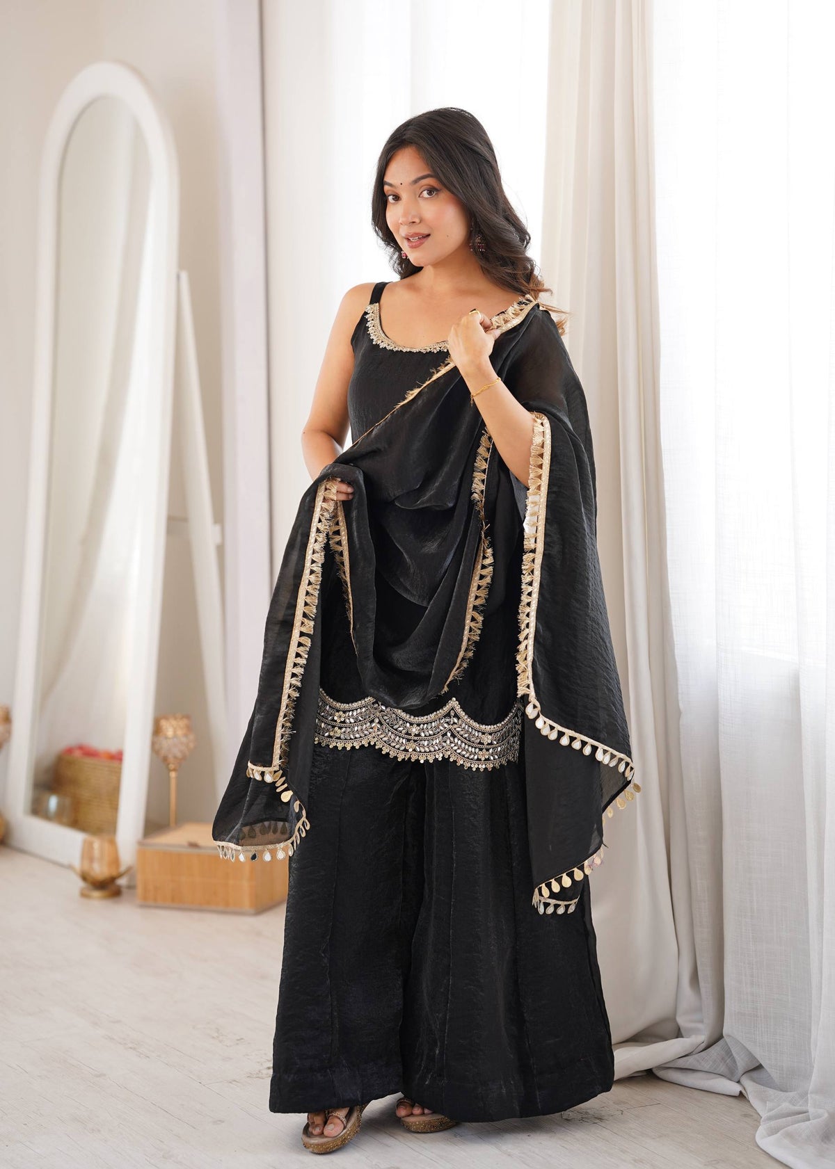 Fendy Silk Mirror Work Sharara Palazzo Suit Set