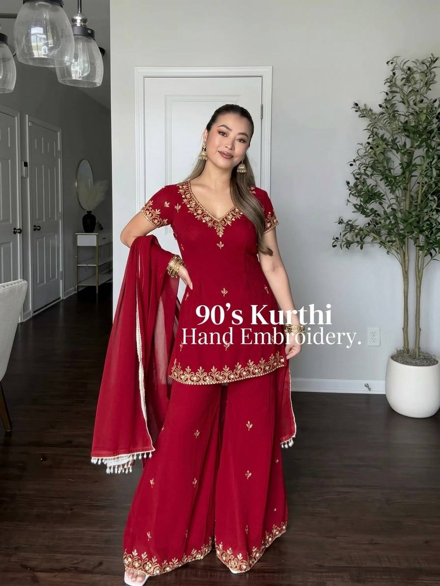 Red Fox Georgette Embroidered Sequence Work Sharara Plazzo Set