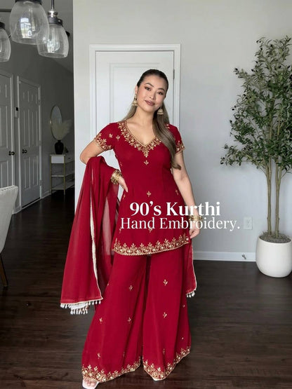 Red Fox Georgette Embroidered Sequence Work Sharara Plazzo Set