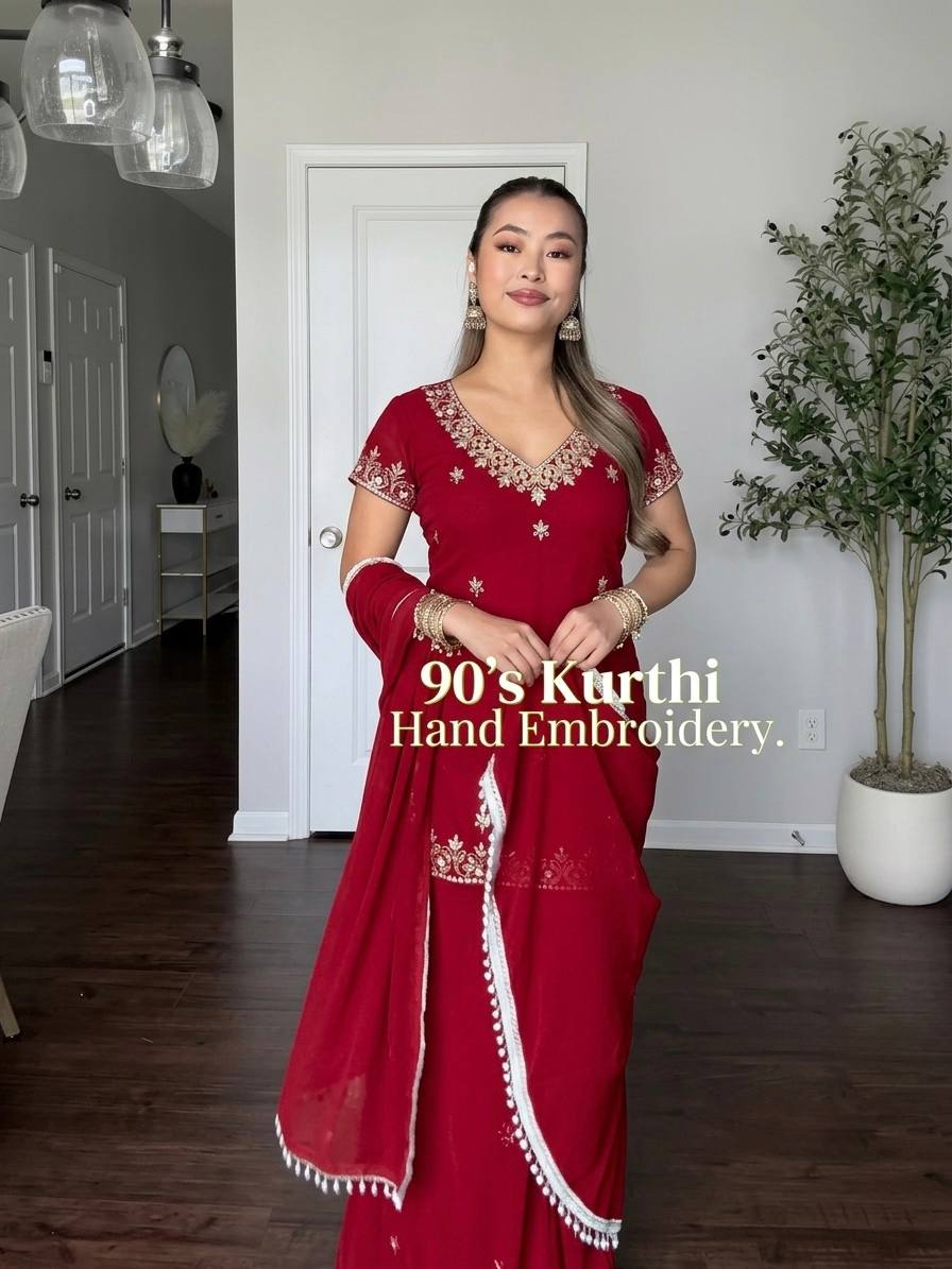 Red Fox Georgette Embroidered Sequence Work Sharara Plazzo Set