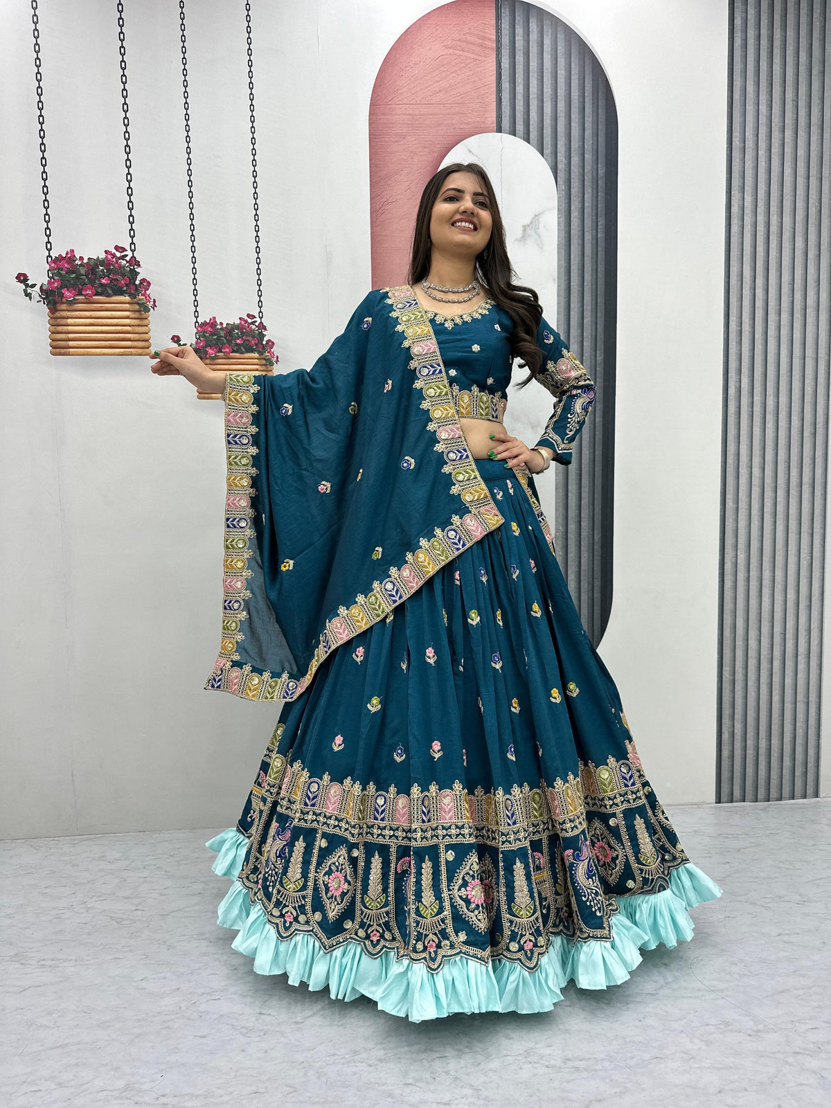 Heavy Embroidered Vichitra Sequence Lehenga Choli Set