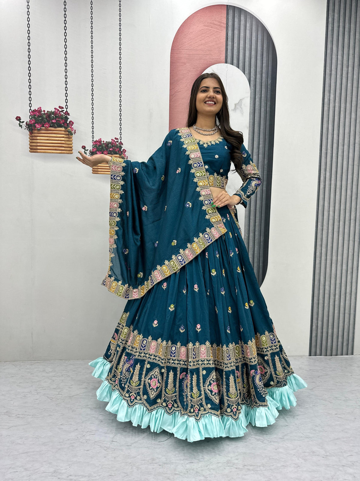 Heavy Embroidered Vichitra Sequence Lehenga Choli Set