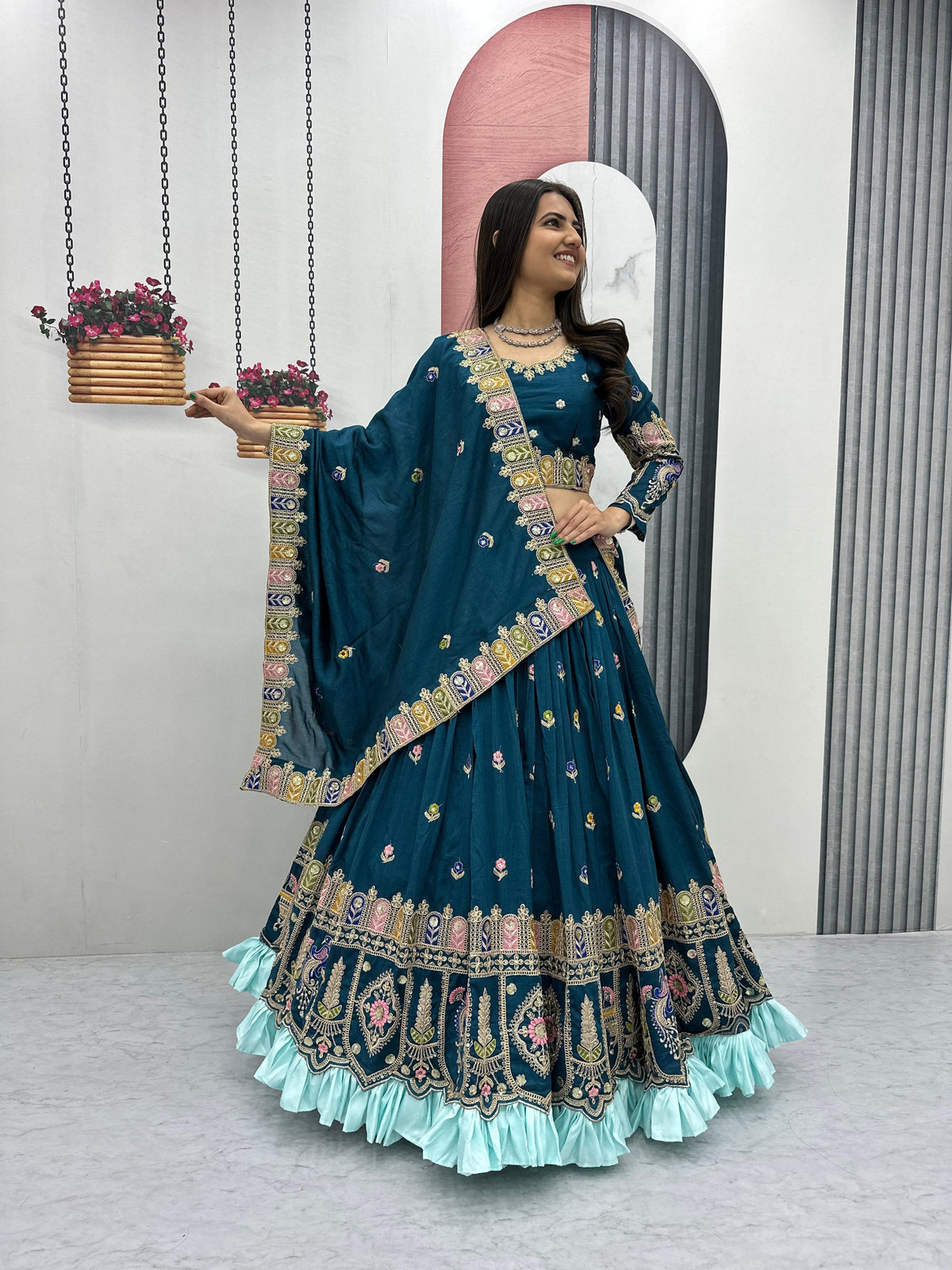 Heavy Embroidered Vichitra Sequence Lehenga Choli Set