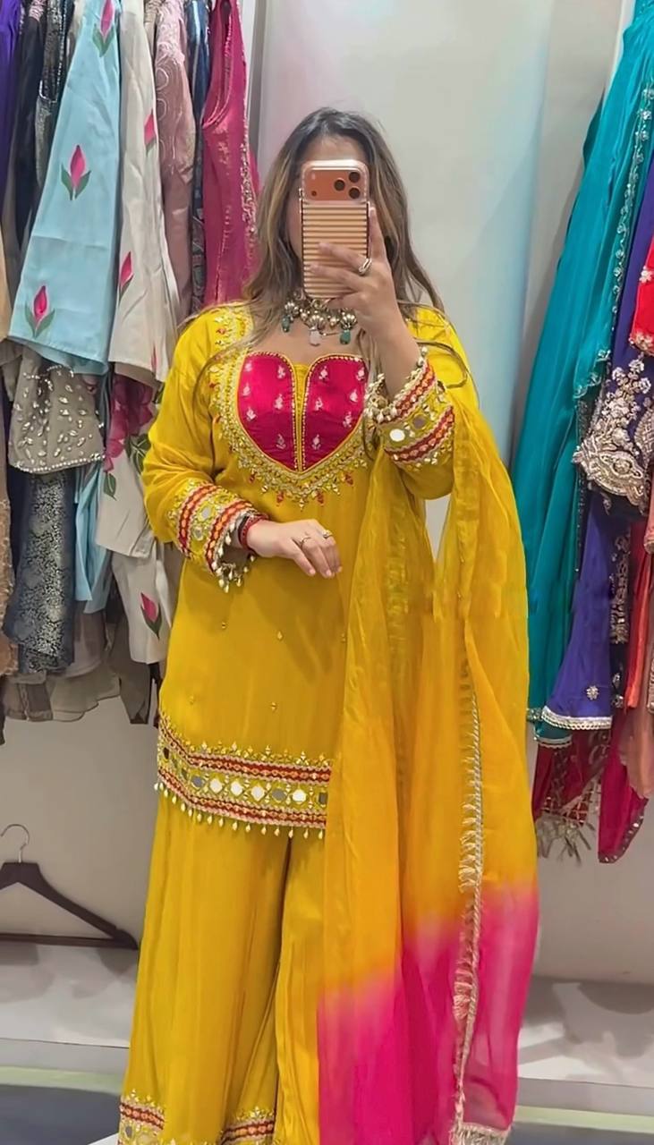 Yellow Roman Glass Mirror Work Palazzo Suit With Kota Dupatta