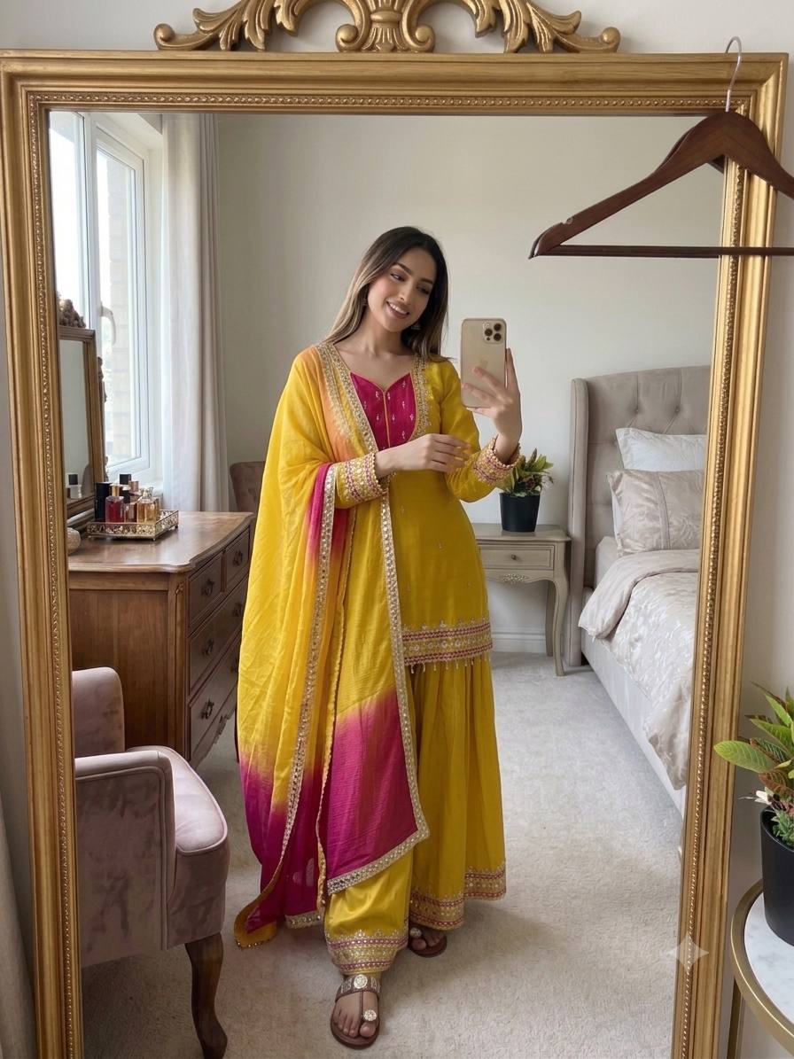 Yellow Roman Glass Mirror Work Palazzo Suit With Kota Dupatta
