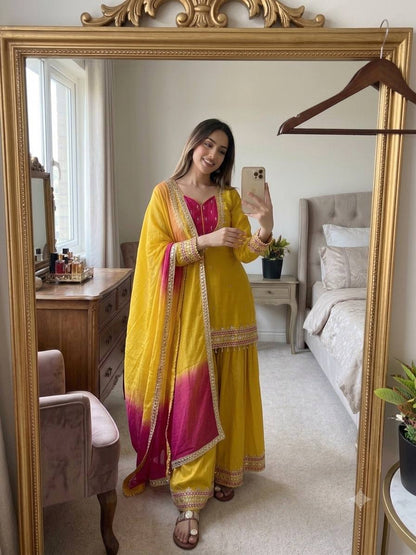 Yellow Roman Glass Mirror Work Palazzo Suit With Kota Dupatta