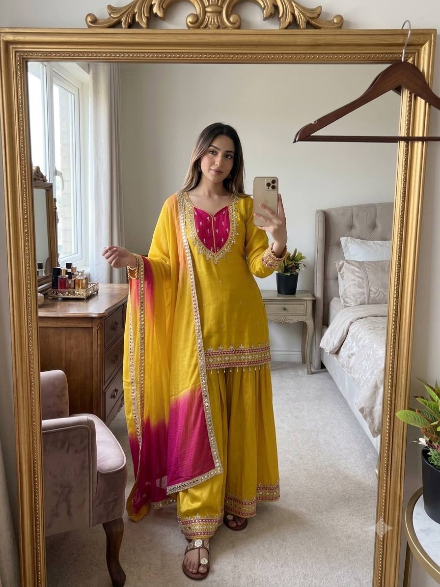 Yellow Roman Glass Mirror Work Palazzo Suit With Kota Dupatta