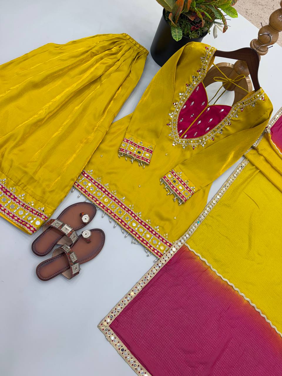 Yellow Roman Glass Mirror Work Palazzo Suit With Kota Dupatta