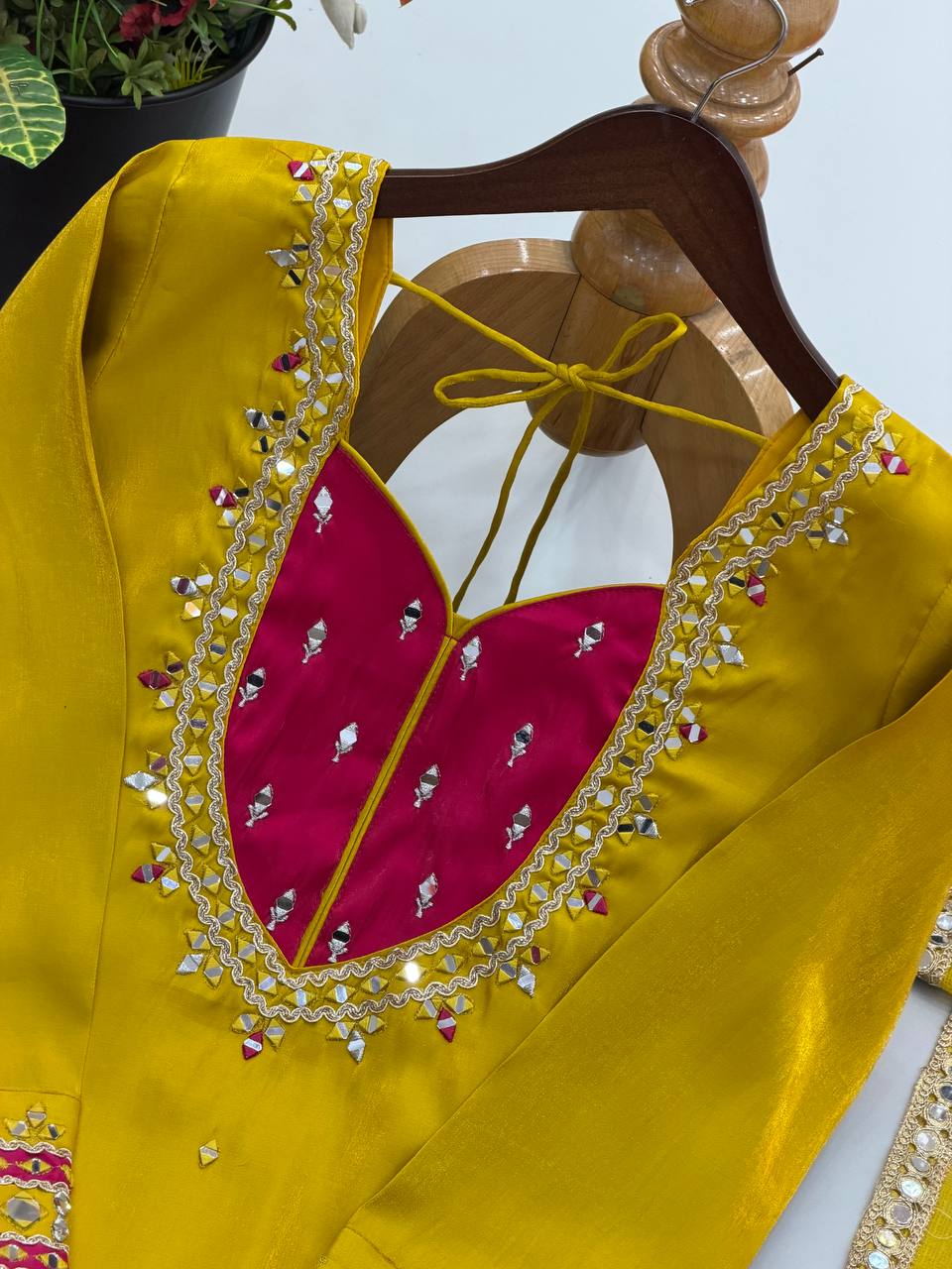 Yellow Roman Glass Mirror Work Palazzo Suit With Kota Dupatta