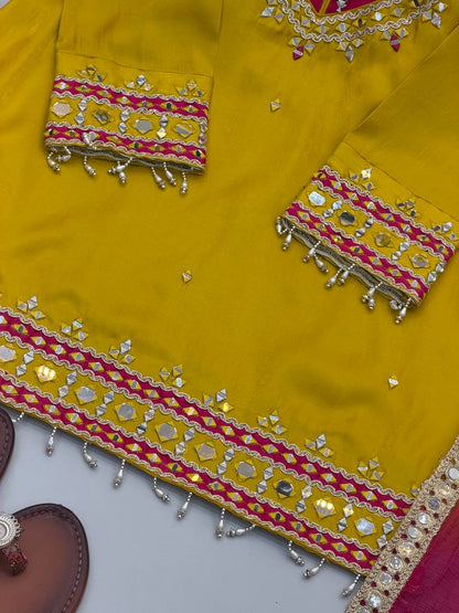 Yellow Roman Glass Mirror Work Palazzo Suit With Kota Dupatta