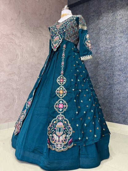 Dark Teal Blue Festival Special Vichitra Thread Sequence Crop Top Lehenga Set