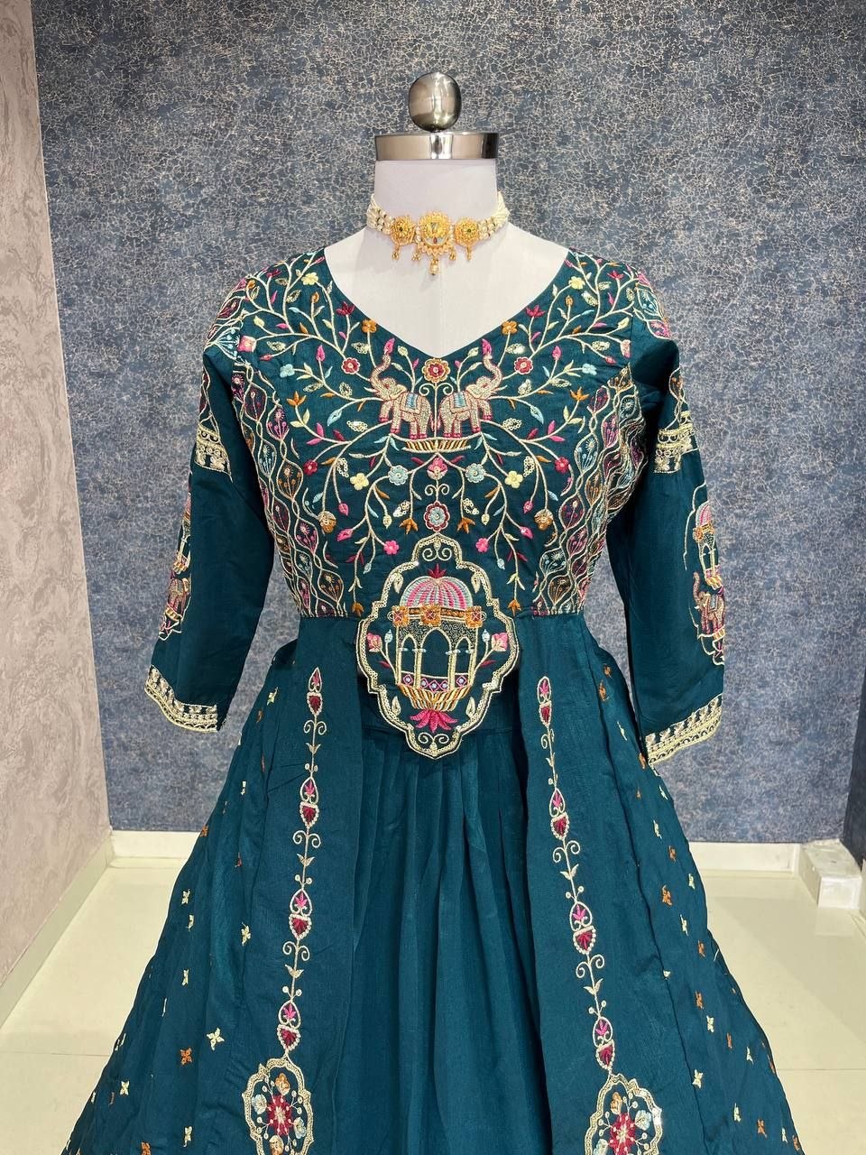 Dark Teal Blue Festival Special Vichitra Thread Sequence Crop Top Lehenga Set