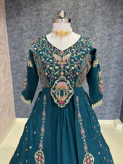 Dark Teal Blue Festival Special Vichitra Thread Sequence Crop Top Lehenga Set