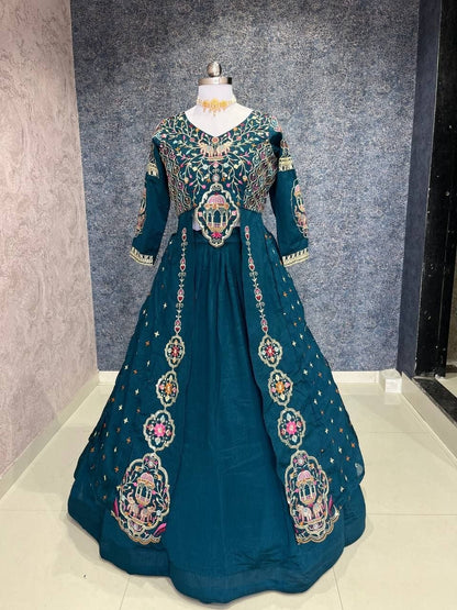 Dark Teal Blue Festival Special Vichitra Thread Sequence Crop Top Lehenga Set