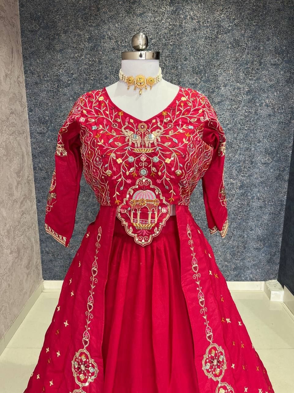 Rani Pink Festival Special Vichitra Thread Sequence Crop Top Lehenga Set