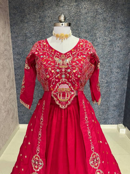 Rani Pink Festival Special Vichitra Thread Sequence Crop Top Lehenga Set