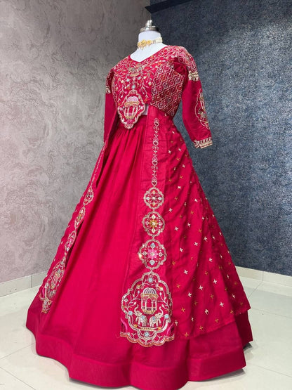 Rani Pink Festival Special Vichitra Thread Sequence Crop Top Lehenga Set