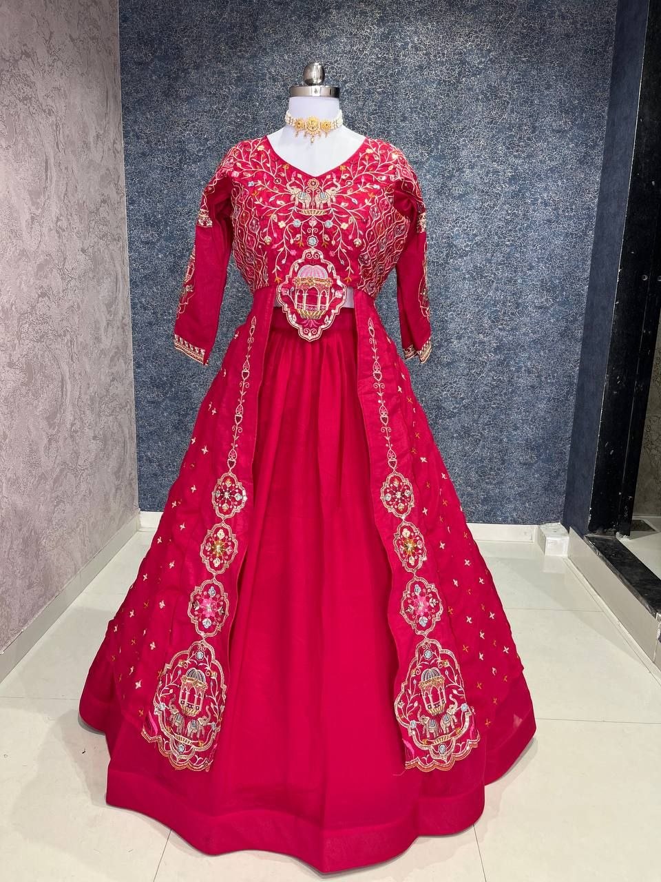 Rani Pink Festival Special Vichitra Thread Sequence Crop Top Lehenga Set