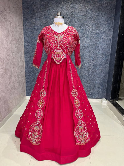 Rani Pink Festival Special Vichitra Thread Sequence Crop Top Lehenga Set