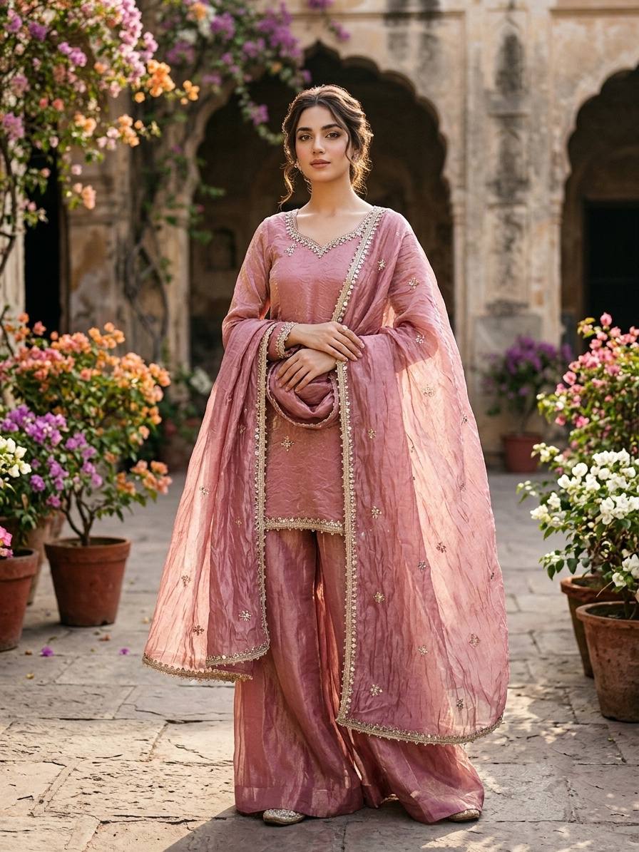 Fendy Silk Embroidered Sequence Mirror Work Sharara Set