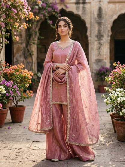 Fendy Silk Embroidered Sequence Mirror Work Sharara Set