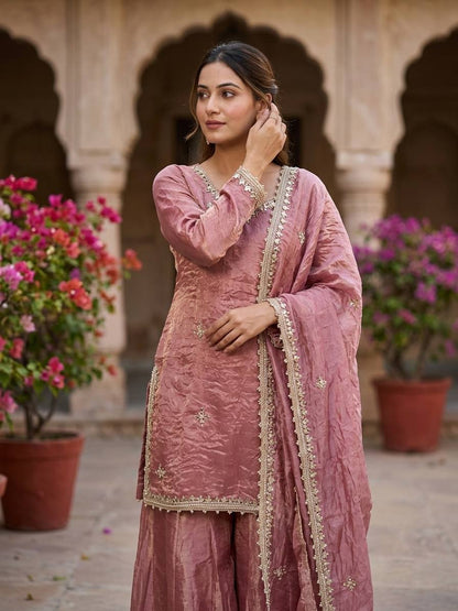 Fendy Silk Embroidered Sequence Mirror Work Sharara Set