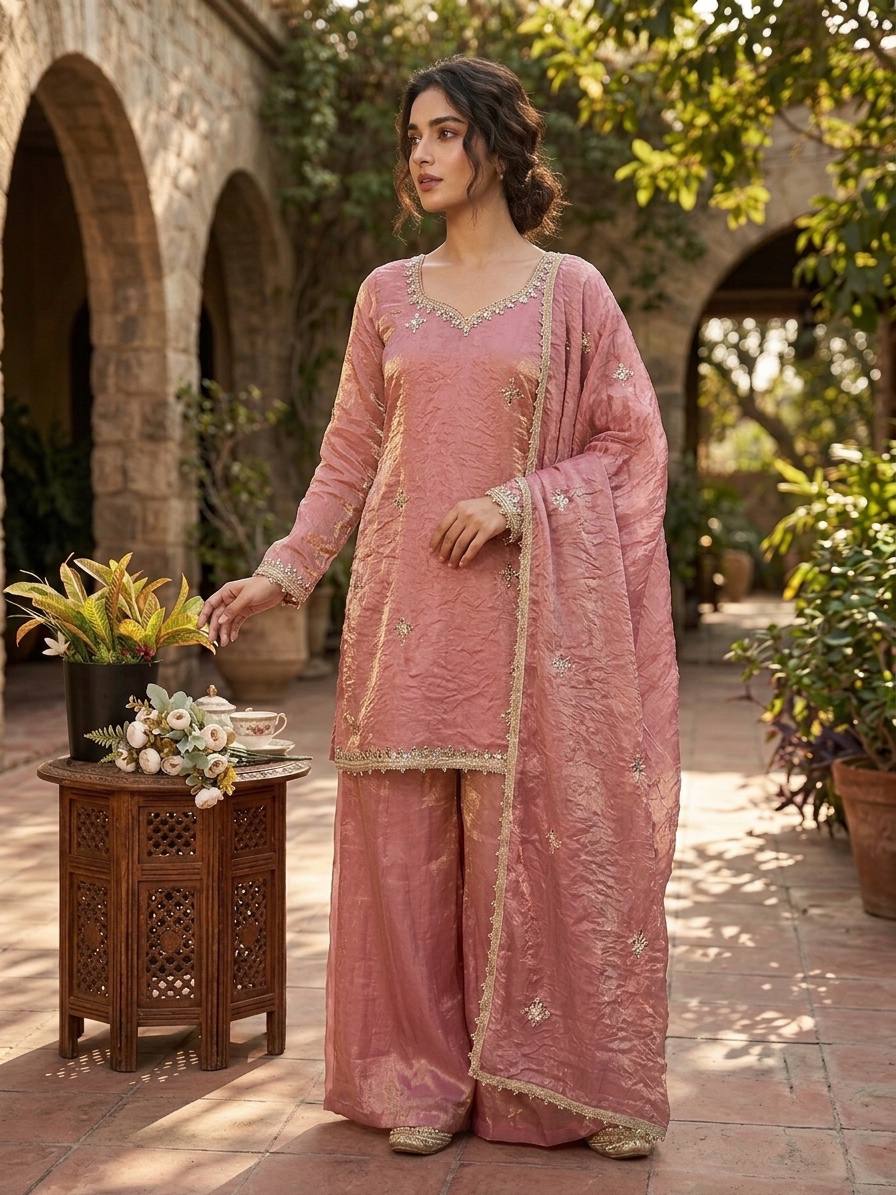 Fendy Silk Embroidered Sequence Mirror Work Sharara Set