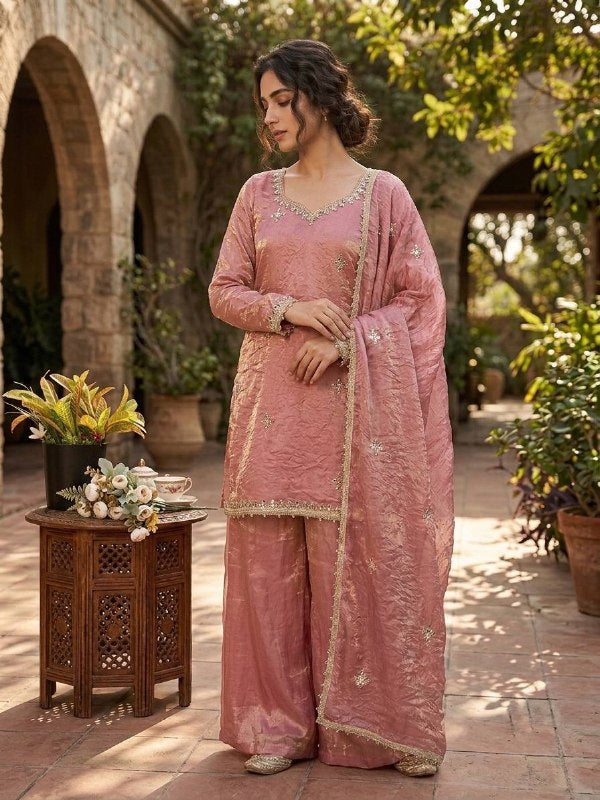Fendy Silk Embroidered Sequence Mirror Work Sharara Set