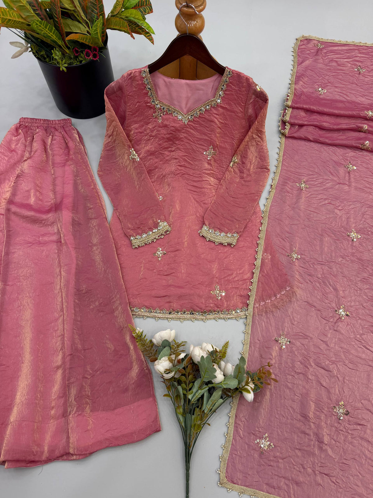 Fendy Silk Embroidered Sequence Mirror Work Sharara Set