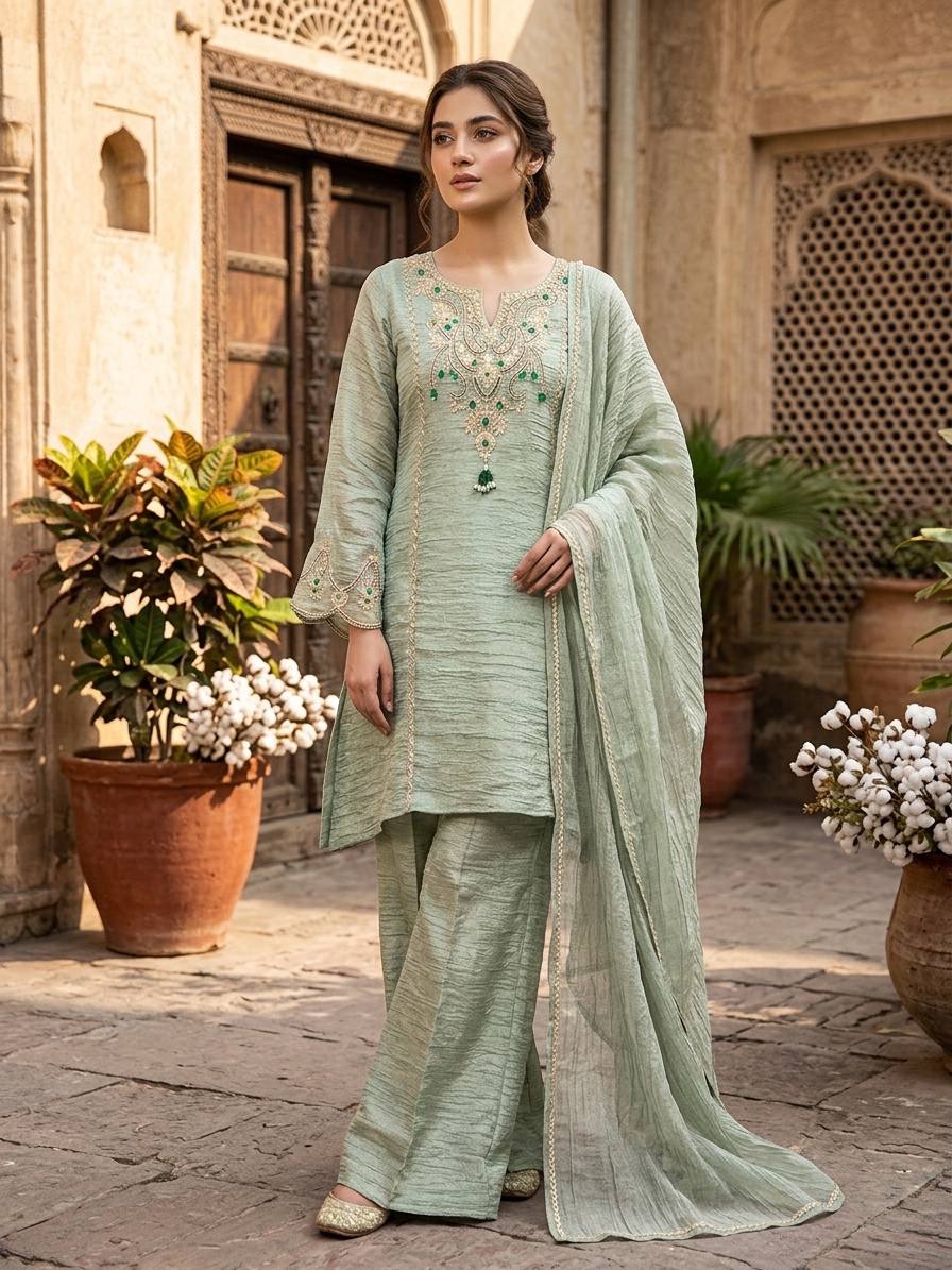 Salsa Silk Coding Stone Work Sharara Palazzo Suit Set