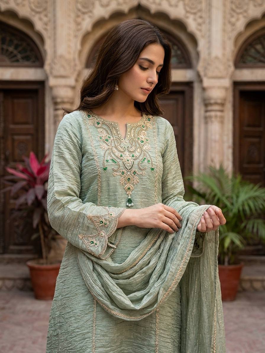 Salsa Silk Coding Stone Work Sharara Palazzo Suit Set