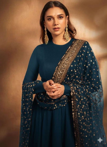 Blue Aditi Rao Inspired Georgette Base Embroidered Anarkali Suit Set