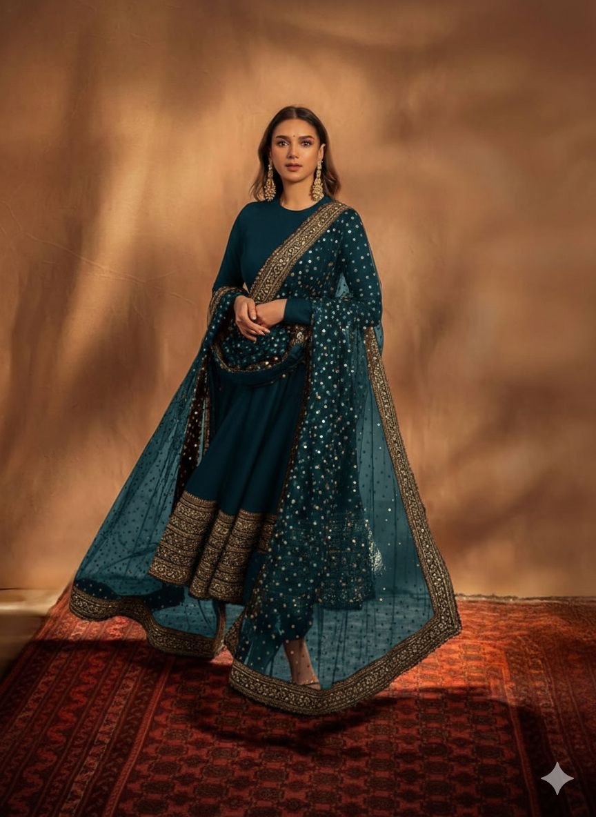 Blue Aditi Rao Inspired Georgette Base Embroidered Anarkali Suit Set