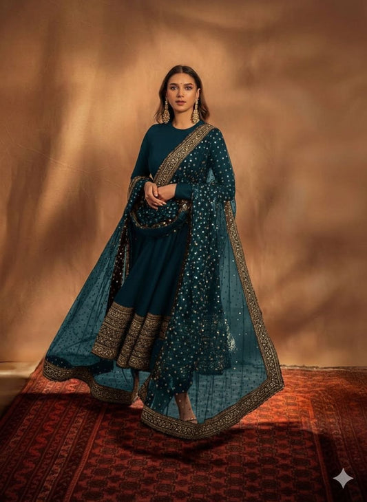 Blue Aditi Rao Inspired Georgette Base Embroidered Anarkali Suit Set