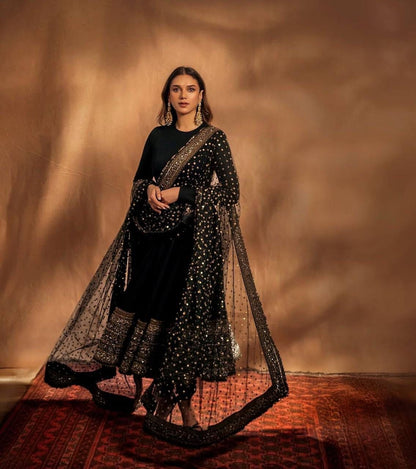 Black Aditi Rao Inspired Georgette Base Embroidered Anarkali Suit Set