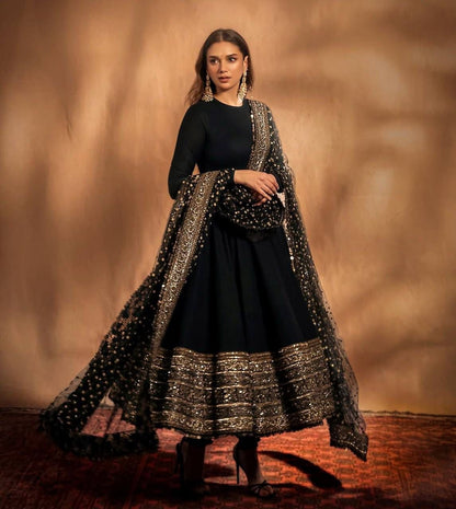 Black Aditi Rao Inspired Georgette Base Embroidered Anarkali Suit Set