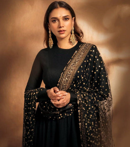 Black Aditi Rao Inspired Georgette Base Embroidered Anarkali Suit Set
