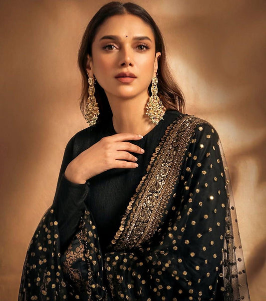 Black Aditi Rao Inspired Georgette Base Embroidered Anarkali Suit Set