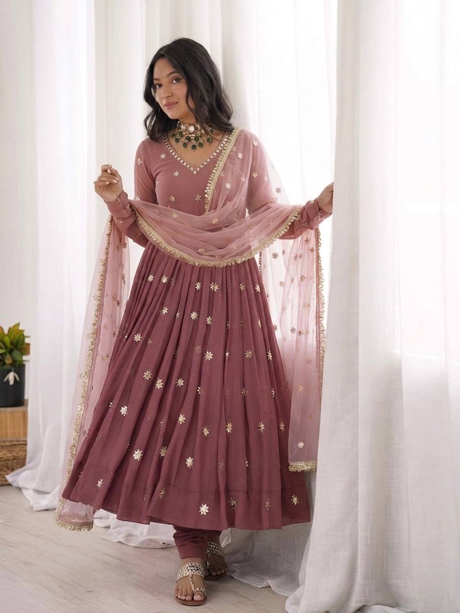 Dusty rose Heavy Faux Georgette Embroidered Flared Gown Set