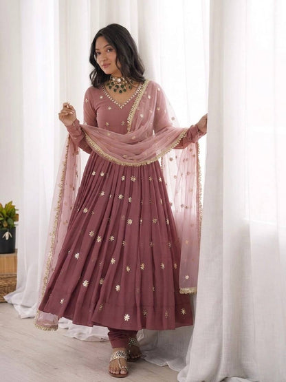 Dusty rose Heavy Faux Georgette Embroidered Flared Gown Set