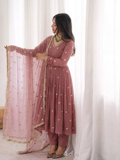 Dusty rose Heavy Faux Georgette Embroidered Flared Gown Set