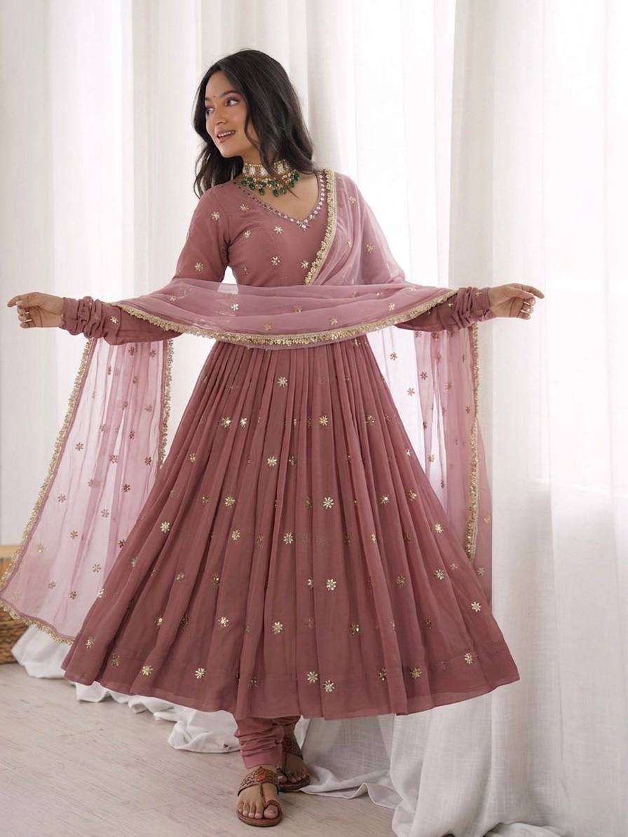 Dusty rose Heavy Faux Georgette Embroidered Flared Gown Set