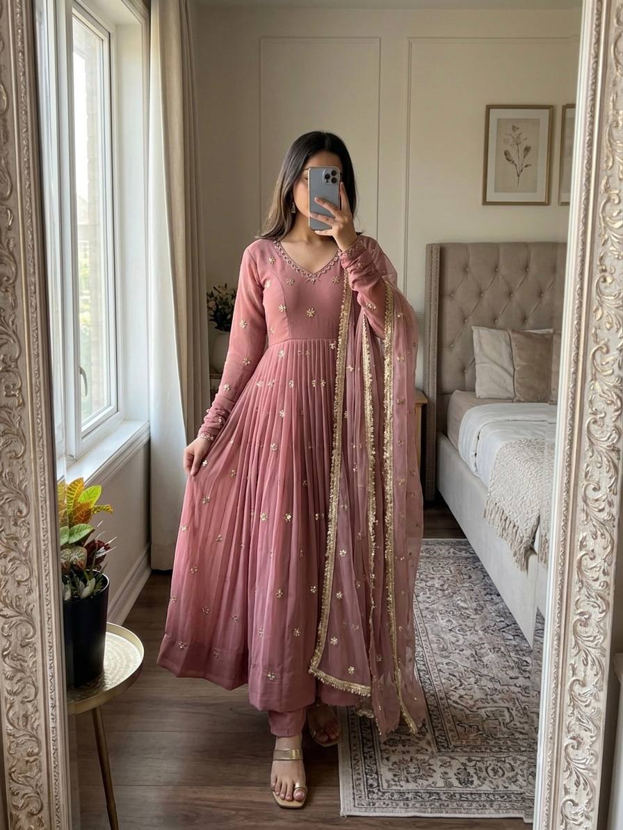 Dusty rose Heavy Faux Georgette Embroidered Flared Gown Set