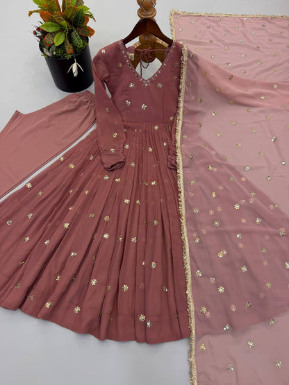 Dusty rose Heavy Faux Georgette Embroidered Flared Gown Set