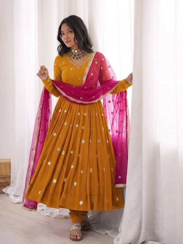 Mustard yellow Designer Faux Georgette Embroidered Gown With Dupatta Set