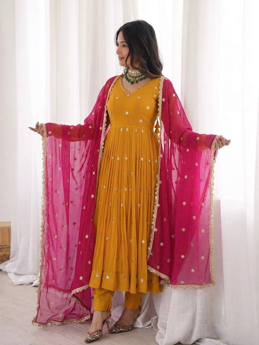Mustard yellow Designer Faux Georgette Embroidered Gown With Dupatta Set